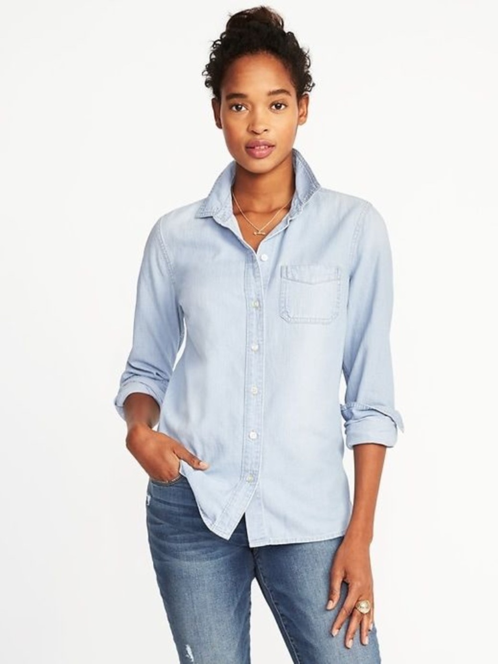 Old Navy Classic Shirt, Button Down, Collared, Chambray in Ice Wash, Small